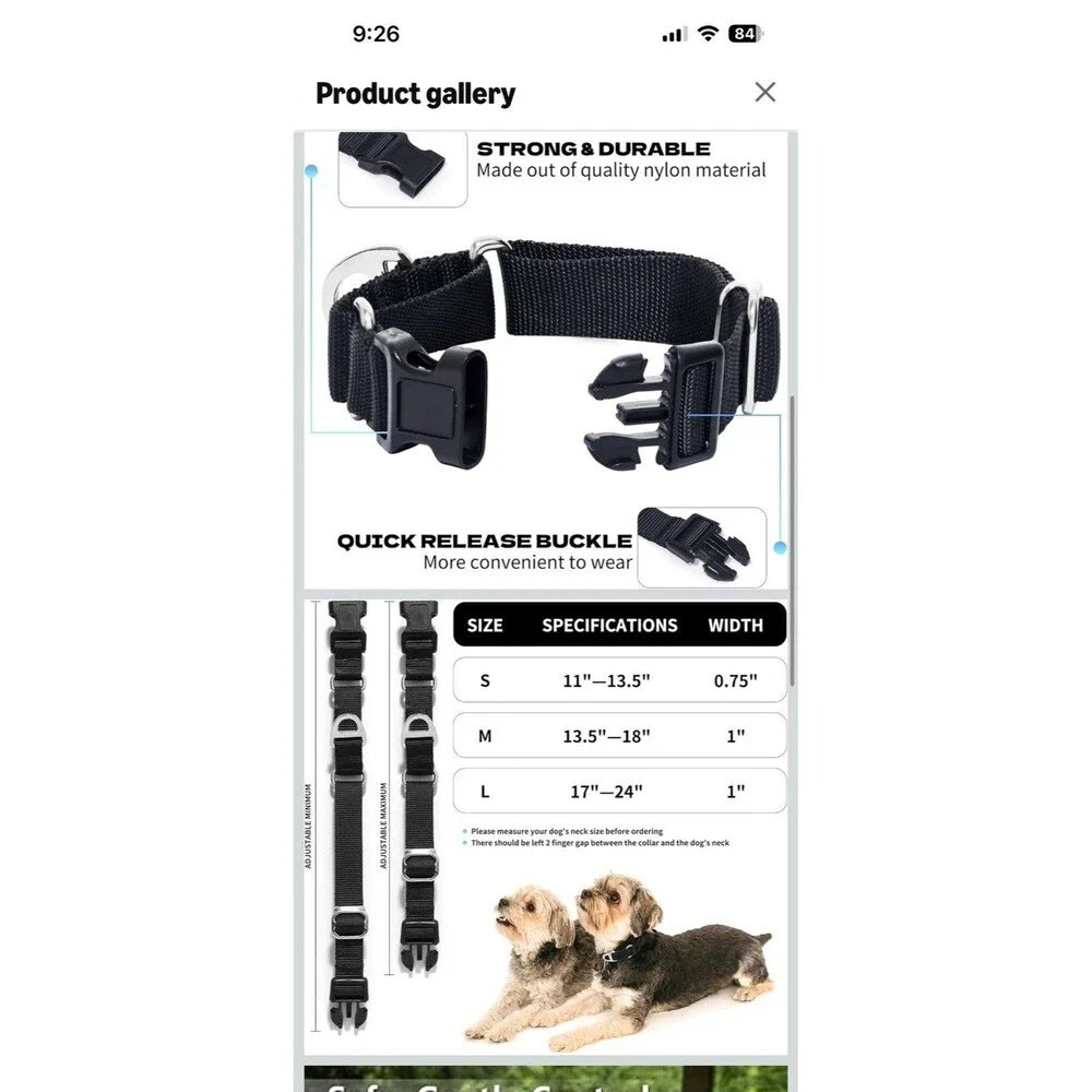 Martingale Dog Collar - Training Collar Adjustable Black Small 1 Inch